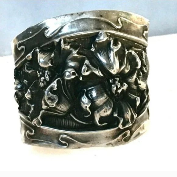 Antique Art Nouveau Sterling Cuff Bracelet Floral 925 Victorian Wide Bouquet - Picture 4 of 7